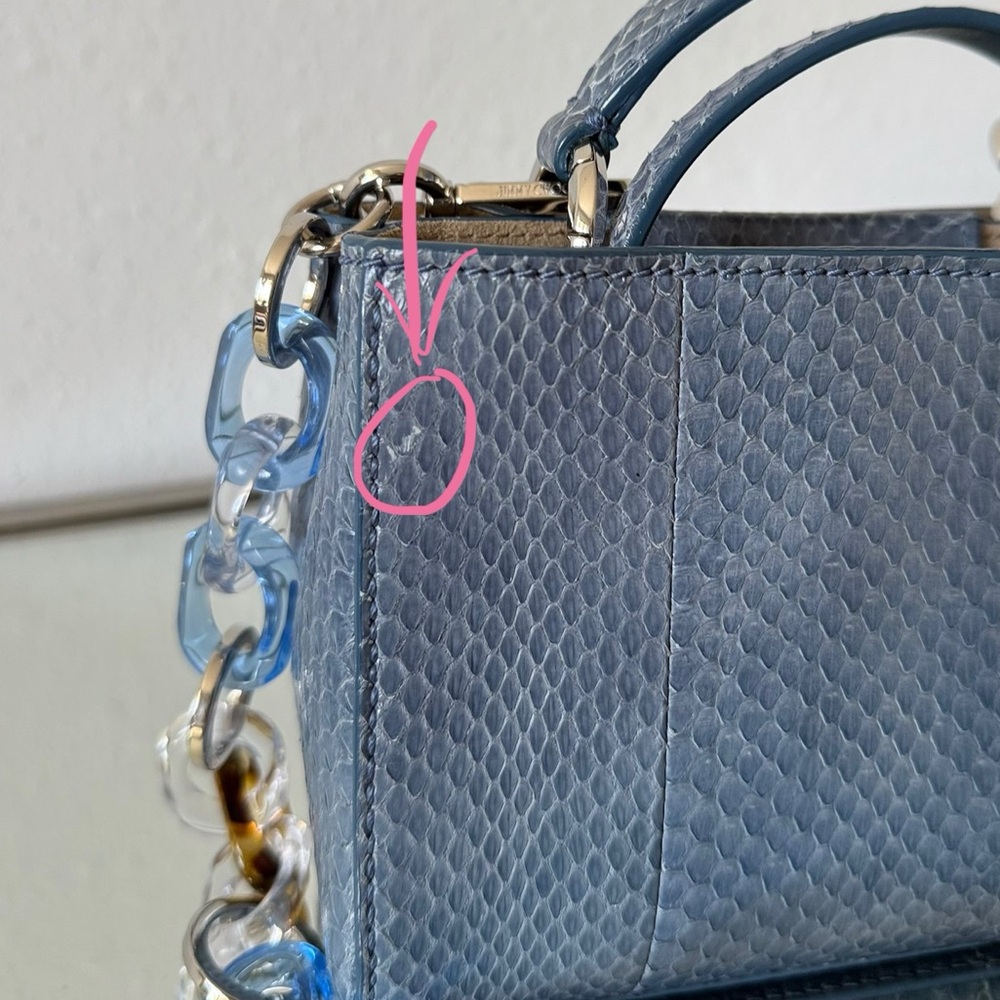 JIMMY CHOO Varenne Top Handle Blue Glossy Elaphe Mini Handbag Plexi Chain - Picture 9 of 14